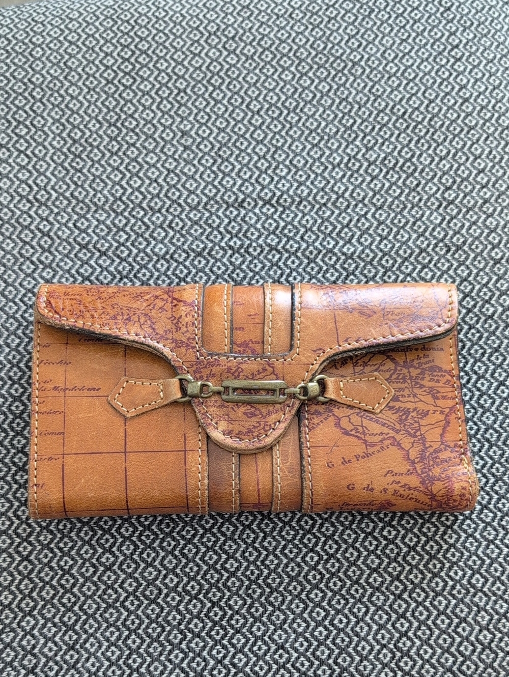 Leather Map-Print Wallet Clutch - Brown